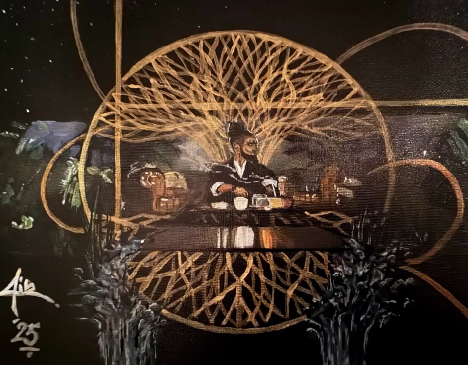 Album cover with a central figure and abstract design elements on a black background